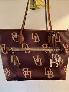 Dooney & Bourke Burgundy Monogram Tote with Tan Trim